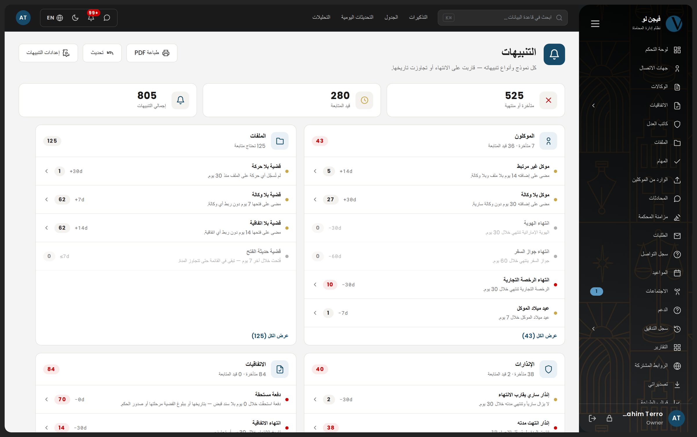 صفحة التنبيهات: الأقرب أجلاً أولاً، مقيّدة بصلاحيات من ينظر